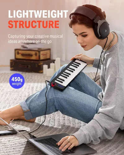 Vista 6 de Donner - Mini teclado MIDI N-25, controlador MIDI de 25 teclas, regalos para principiantes con mini teclas sensibles a la velocidad, software