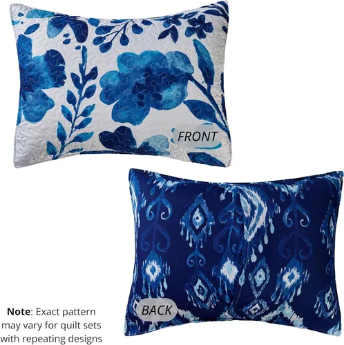 Vista 6 de Virah Bella Juego de ropa de cama tamaño matrimonial/queen, edredón reversible ligero con estampado botánico índigo, con 2 fundas de almohada a