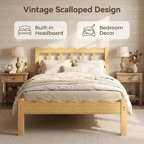 Vista 3 de Marco de cama de bambú individual XL con cabecero, plataforma de madera maciza de 12 pulgadas, marco de cama tamaño individual XL con listones
