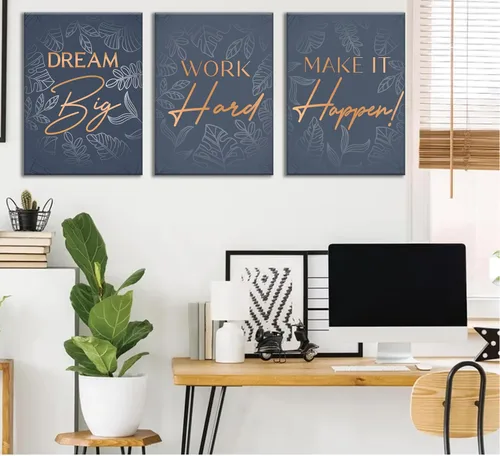 Vista 3 de 3 piezas de lienzo inspirador de oro azul para oficina, arte de pared, inspirador motivacional positivo, pinturas botánicas, cuadros de decoración
