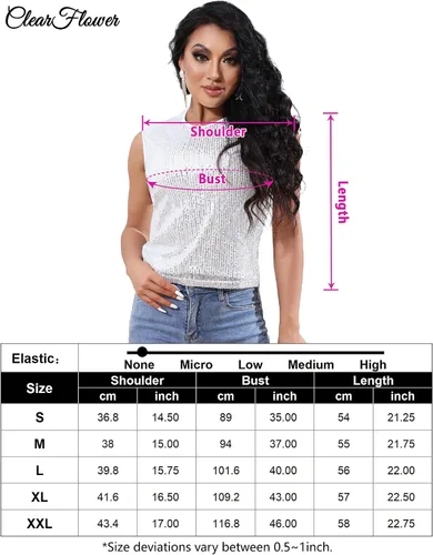 Vista 6 de ClearFlower Camisetas de lentejuelas para mujer, cuello redondo, sin mangas, brillante, sexy, camiseta corta sin mangas, ropa de club, camisola