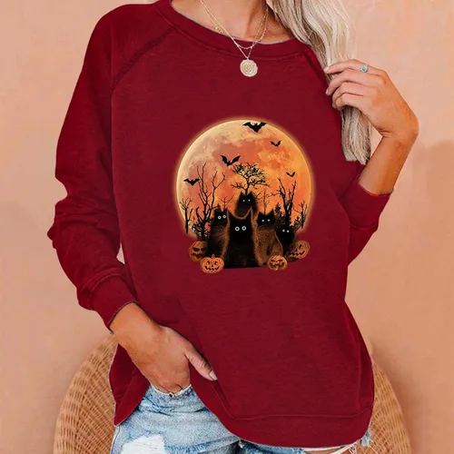 Vista 2 de UODSVP Camisetas de Halloween para mujer estilo casual con estampado de manga larga y cuello redondo para mujer