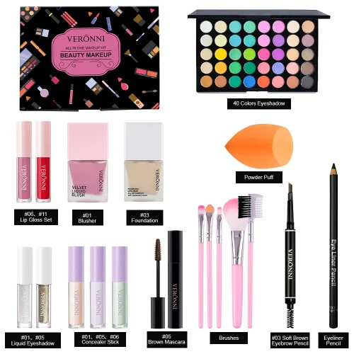 Vista 2 de Kit completo de maquillaje para mujer, kit de maquillaje todo en uno con sombra de ojos, delineador de ojos, cejas, brillo de labios, maquillaje