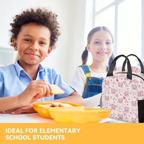 Vista 7 de Lonchera de cerdo – Lonchera aislada para niños – Bolsas de almuerzo rosadas lindas con bolsillos – Lonchera congelable mediana de 8L para la escuela
