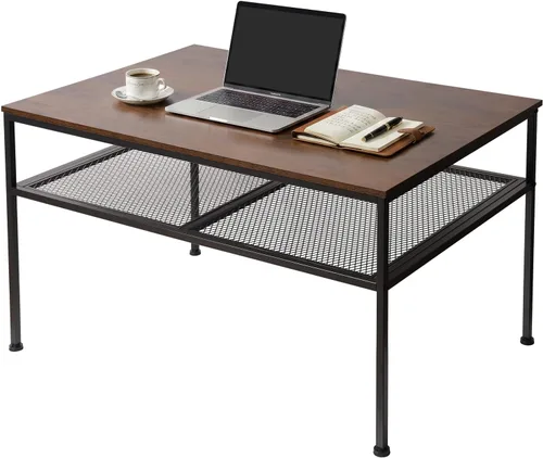 Vista 13 de SENIG Mesa de café pequeña rectangular marrón de madera y metal con estante de almacenamiento para salas de estar pequeñas