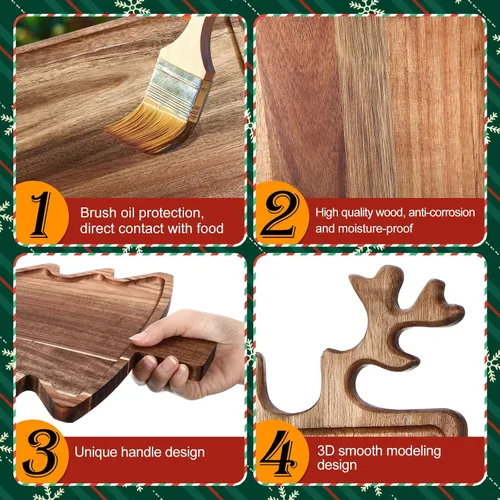 Vista 6 de Umigy 2 Piezas Tablas de Charcutería de Navidad Tabla de Cortar de Madera en Forma de Árbol de Navidad con Mango Cornamenta Madera de Acacia Bonita