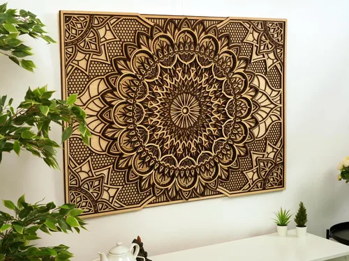 Vista 7 de BHDecor Decoración de pared para el hogar, paneles de MDF colgantes de mandala de madera tallados con corte láser multicapa para decoración, obra