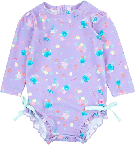 Vista 29 de RuffleButts - Traje de baño de una pieza con protección solar UPF 50+, camiseta de protección floral estampado, manga larga, con cierre zipper