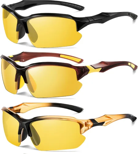 Vista 7 de Paquete de 3 lentes polarizados de visión nocturna para hombres, conducción, ciclismo, deporte, noche, antirreflejos, lentes amarillas, marco ligero