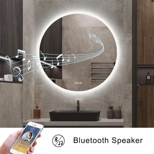 Vista 6 de S·BAGNO - Espejo de baño redondo de 32 luces con marco acrílico, espejo de baño LED de tocador montado en la pared, atenuación, cambio