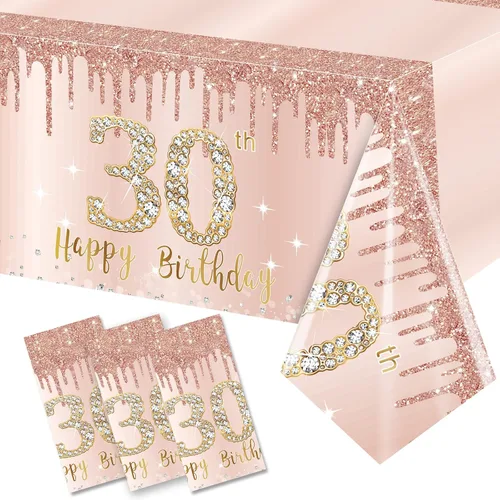 Vista 12 de Pack de 3 manteles de cumpleaños número 70 para mujer, rosado y dorado, mantel de plástico desechable rectangular para fiesta de cumpleaños número