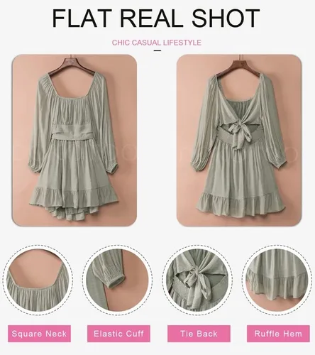 Vista 3 de Dokotoo Vestido para mujer de manga larga tipo farol, cuello cuadrado, espalda descubierta con lazo, sexy vestido acampanado con volantes y cintura