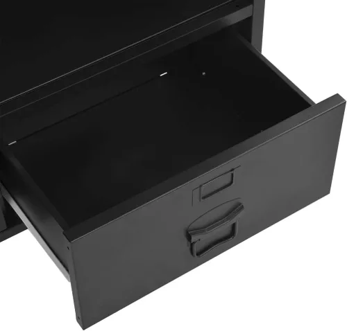 Vista 4 de vidaXL Estantería industrial de acero – Muebles independientes negros con estantes, cajones y etiquetas de nombre para oficina y hogar