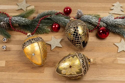 Vista 4 de Fabergé Huevo - Adorno para árbol de Navidad de vidrio soplado de 5 pulgadas, diseño de flor de pascua, color borgoña mate, 5 pulgadas