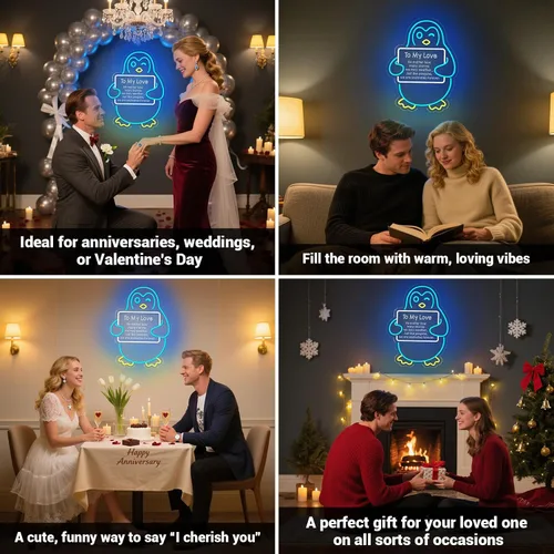 Vista 5 de Regalos para el día de San Valentín para ella, él, novio, novia, letrero de neón LED de pingüino azul, decoración romántica de pared para parejas