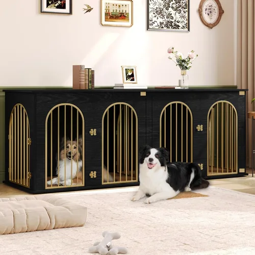 Vista 19 de Hzuaneri 63" Mueble de jaula para perros para 2 perros, jaula de perro interior resistente con soporte para TV, jaula de madera para perros L