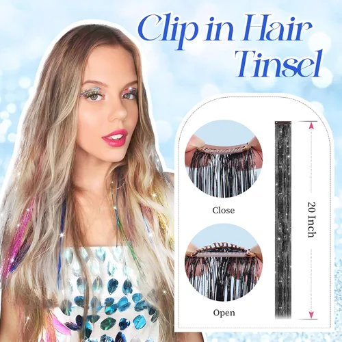 Vista 3 de FESHFEN Juego de 12 extensiones de cabello con clip, color negro, con clip, con purpurina, kit de accesorios coloridos para mujeres, de 20 pulgadas