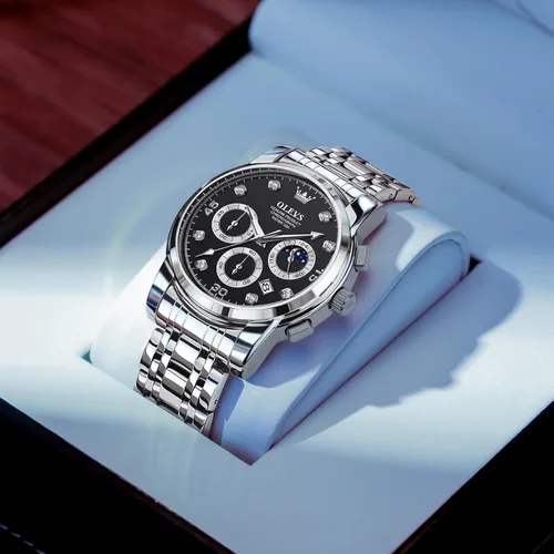Vista 4 de OLEVS Reloj cronógrafo para hombre, esfera grande, multifuncional, fácil de leer, de acero inoxidable, analógico, de cuarzo, con fecha, de lujo