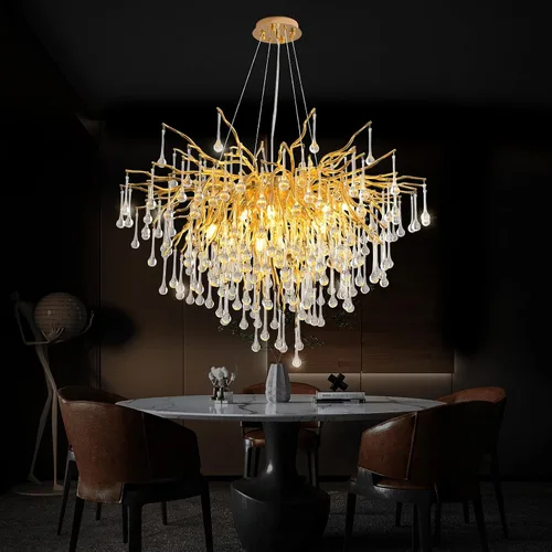 Vista 12 de Candelabro de cristal negro de 23.6 pulgadas, moderno colgante de techo de flores, iluminación colgante de rama de árbol, gota de lluvia, lámpara