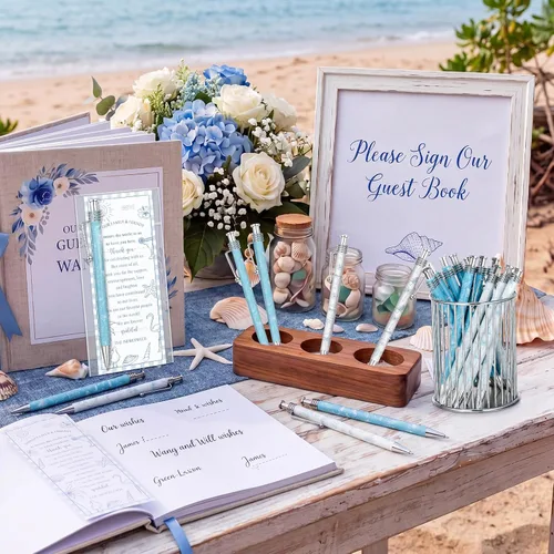 Vista 5 de Tenceur Juego de 30 bolígrafos retráctiles de tinta negra para invitados de boda en la playa, regalos de boda, regalos de boda, suministros