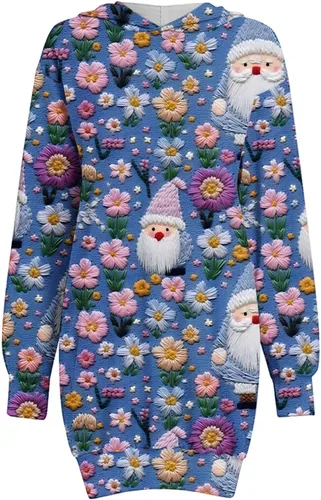 Vista 3 de Comigeewa Vestido con capucha Navidad Mujer bolsillos Estampado 3D Manga Larga, Sudadera Capucha Vestidos lindos y holgados