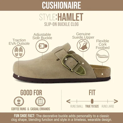Vista 4 de CUSHIONAIRE Hamlet Zuecos de gamuza de cuero genuino para mujer, zapatos sin cordones con correa de hebilla de metal detallada y plantilla de espuma