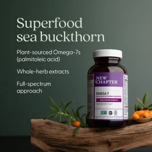 Vista 3 de New Chapter Supercritical Omega 7 con espino cerval de mar + ácidos grasos de origen vegetal + Omega 7 + ingredientes sin OMG - 60 cápsulas