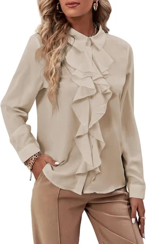 Vista 21 de LYANER - Blusa de manga larga con cuello de botón y volantes en la parte delantera para mujer