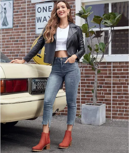 Vista 2 de JABASIC - Botines casuales de ante para mujer con tacón de bloque, botas de meter tipo Chelsea