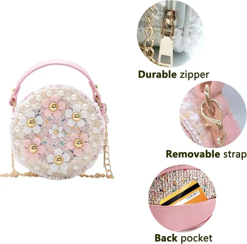 Vista 5 de sveter Bolso para niños para niñas, lindo bolso cruzado de flores para niños, juego de regalo de joyería de vestir de 3 piezas, Rosado, Casual