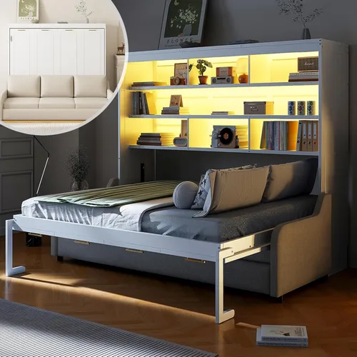 Vista 2 de MERITLINE Cama Murphy horizontal completa con sofá y estantes de almacenamiento, luz LED, madera maciza que ahorra espacio, cama de pared Murphy