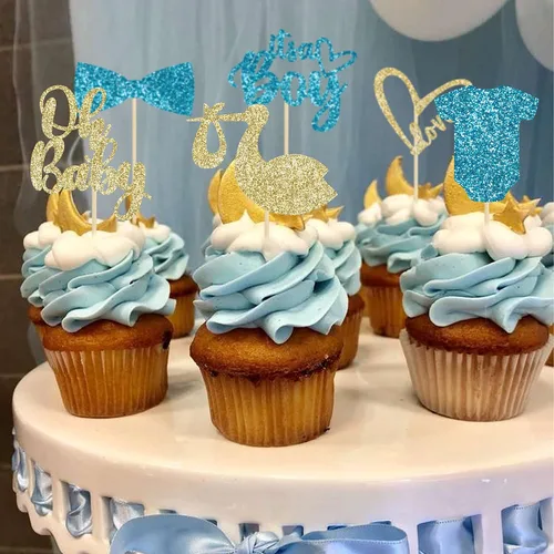Vista 4 de Gyufise Paquete de 36 adornos para cupcakes Oh Baby ensamblados con texto en inglés "It's a Boy" con corbata, mameluco de amor, corazón, purpurina