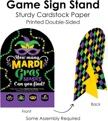 Vista 5 de Big Dot of Happiness Máscara colorida de Mardi Gras, caza del tesoro para fiesta de máscaras, 1 soporte y 48 piezas de juego, juego de ocultar