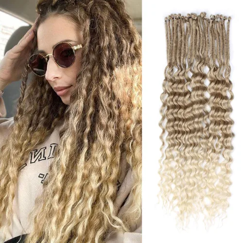 Vista 28 de Extensiones de rastas trenzadas bohemias de 24 pulgadas, 10 hebras de rastas sintéticas rizadas color marrón degradado con trenza de caja, rastas