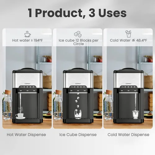 Vista 2 de COSTWAY - Dispensador de agua de sobremesa con máquina de hielo, dispensador portátil 3 en 1 frío y caliente con máquina de hielo de 48LBS/24H