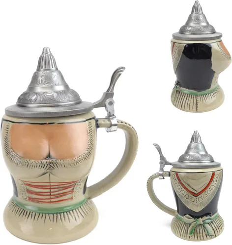 Vista 3 de Jarra de cerveza alemana con tapa de 0.55 L – Par de jarras de cerveza alemana Dirndl Oktoberfest – Taza de cerveza alemana pintada a mano Jarra