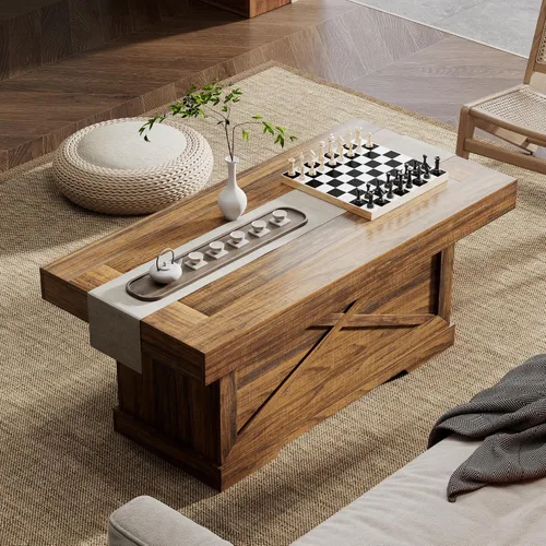 Vista 7 de Mesa de café Lareth 39 pulg. Mesa de centro rústica con pedestal de madera en X para sala de estar, ahorro de espacio, mesa de té de diseño