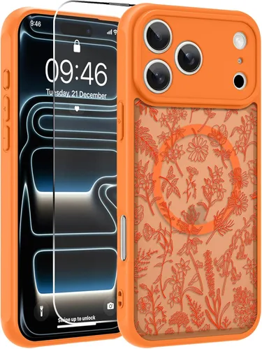 Vista 8 de OOK Funda magnética para iPhone 13 Pro Max [compatible con MagSafe] Funda delgada translúcida mate con flor silvestre negra, protección para lente