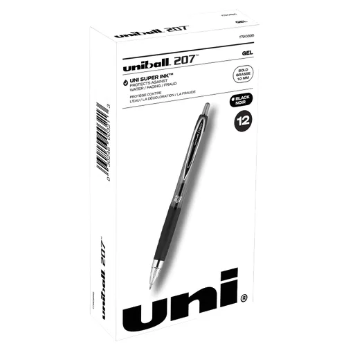 Vista 2 de uni-ball Paquete de 12 bolígrafos de gel retráctiles negros con puntos gruesos, 207 bolígrafos Signo Click son a prueba de fraude y los mejores