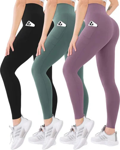 Vista 44 de Blisset - Paquete de 3 leggings de cintura alta para mujer con bolsillos, pantalones suaves y activos para control de abdomen, ideales para yoga
