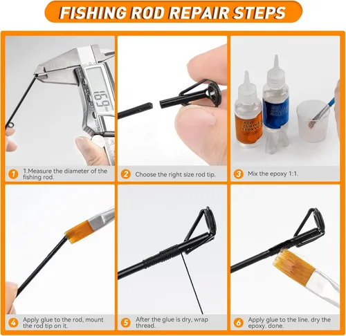Vista 8 de THKFISH Kit de reparación de puntas de caña con pegamento, kit de reparación de caña de pescar, suministros completos de repuesto de punta de poste