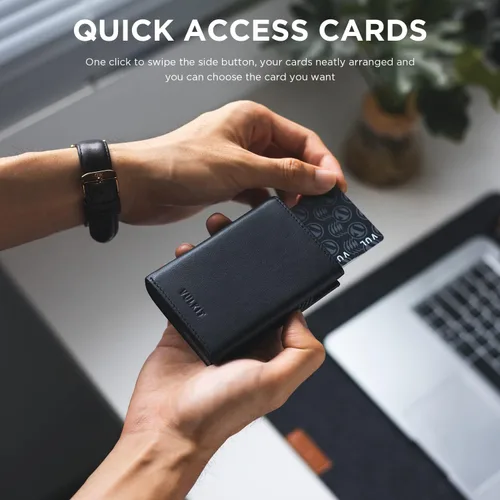 Vista 3 de VULKIT Tarjetero con bolsillo para monedas, cierre magnético, tarjetas emergentes con ventana de identificación, cartera de cuero para efectivo