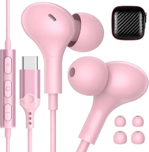 Vista 11 de Auriculares USB C para Apple/iPhone Duo 18 17 16 15 auriculares con cable con funda Blanco