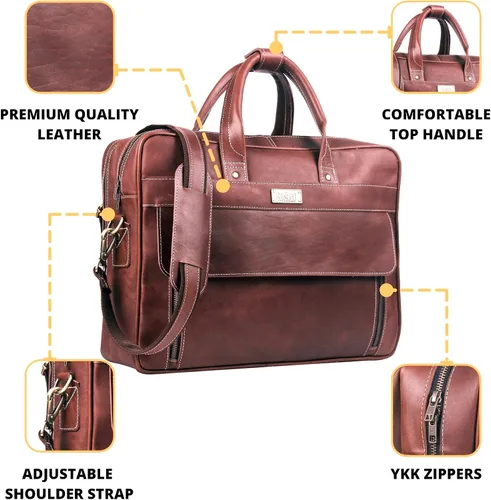 Vista 2 de Maletín de cuero genuino vintage hecho a mano para hombres, 17 pulgadas, maletín para computadora portátil, viaje de negocios, trabajo, mensajero