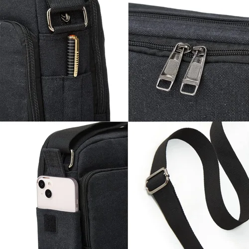 Vista 6 de Ashioup Bolsa de mensajero de lona para hombres con bolsillos de cartera incorporados, bolsa de hombro multifuncional, bolsa cruzada para deportes
