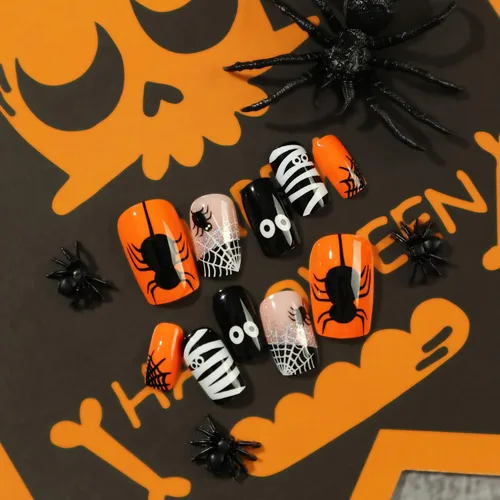 Vista 2 de 24 uñas postizas cuadradas a presión de longitud media para Halloween con diseño de telaraña, bonitos globos oculares, uñas postizas con pegamento
