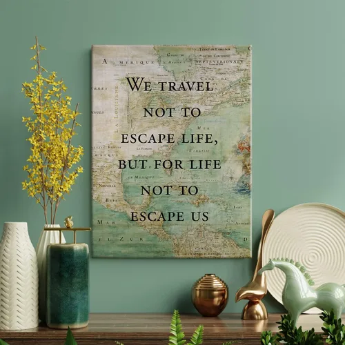 Vista 3 de LEXSIVO Lienzo impreso con cita de viaje inspiradora de estilo retro, arte de pared, decoración de oficina en el hogar, «We Travel Not to Escape