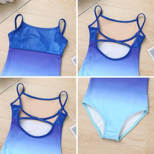 Vista 3 de IBAKOM Leotardos de ballet para niña, color degradado, leotardo de gimnasia brillante, leotardo de danza para gimnasia, trajes de camisola