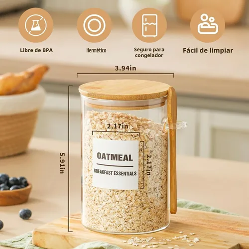 Vista 3 de Paquete de 6 tarros de vidrio de 32 onzas con tapas de bambú, recipientes de almacenamiento de vidrio con tapas, tarro hermético transparente