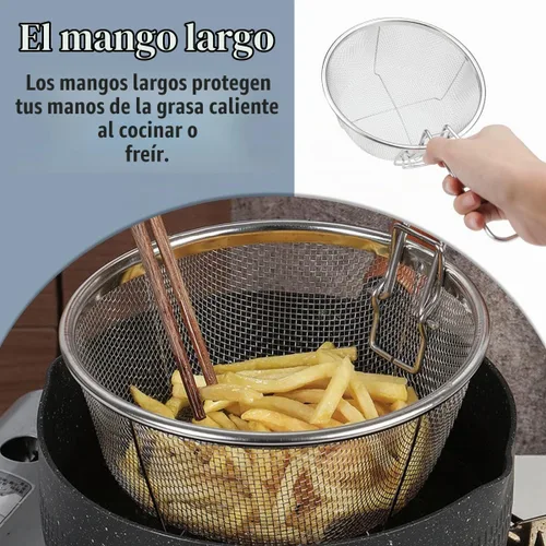 Vista 4 de Cesta de drenaje de acero inoxidable, cesta plegable multifuncional para freír – Malla de alambre redonda para freír chips franceses para servir